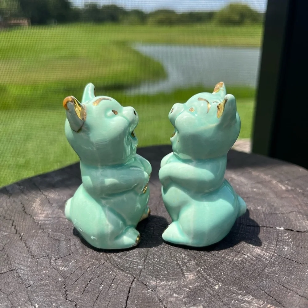 2-Vintage Green Gold Trim Little Pig Salt Shakers - Picture 6 of 12